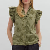 Bubble Flutter Sleeve Floral Applique Top - Olive