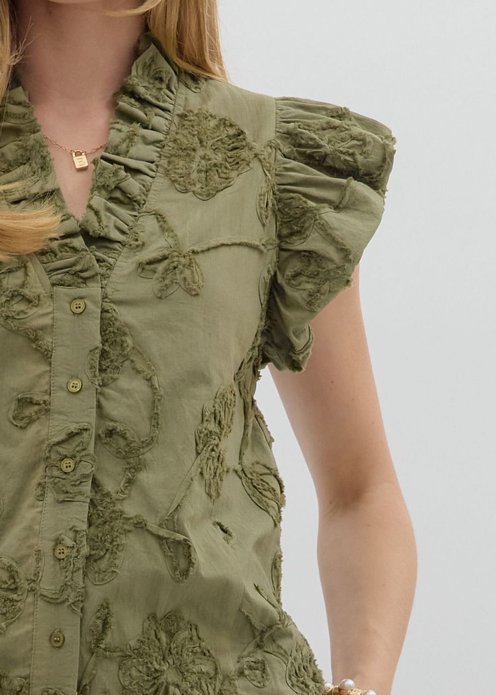 Bubble Flutter Sleeve Floral Applique Top - Olive