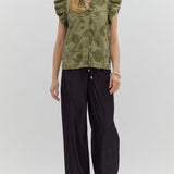 Bubble Flutter Sleeve Floral Applique Top - Olive