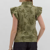 Bubble Flutter Sleeve Floral Applique Top - Olive