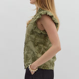 Bubble Flutter Sleeve Floral Applique Top - Olive