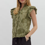 Bubble Flutter Sleeve Floral Applique Top - Olive