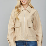 Sand Flap Pocket Faux Leather Jacket