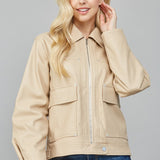 Sand Flap Pocket Faux Leather Jacket