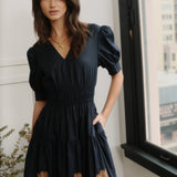 S/S Navy Dress with Brown Flower Applique