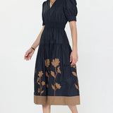 S/S Navy Dress with Brown Flower Applique