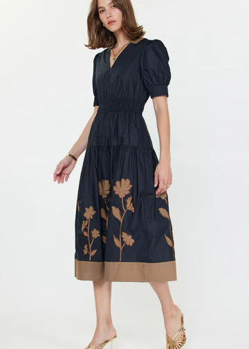 S/S Navy Dress with Brown Flower Applique