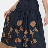 S/S Navy Dress with Brown Flower Applique