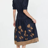 S/S Navy Dress with Brown Flower Applique
