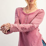 Rose Mineral Wash Henley Top with Lace Sleeve Detail