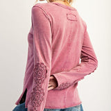 Rose Mineral Wash Henley Top with Lace Sleeve Detail