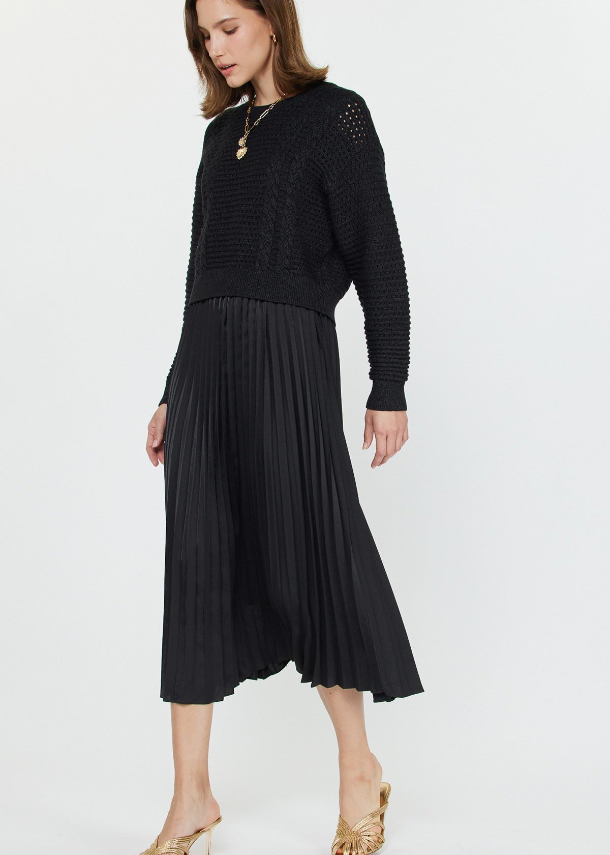 Black Pleated Sweater Midi Dress