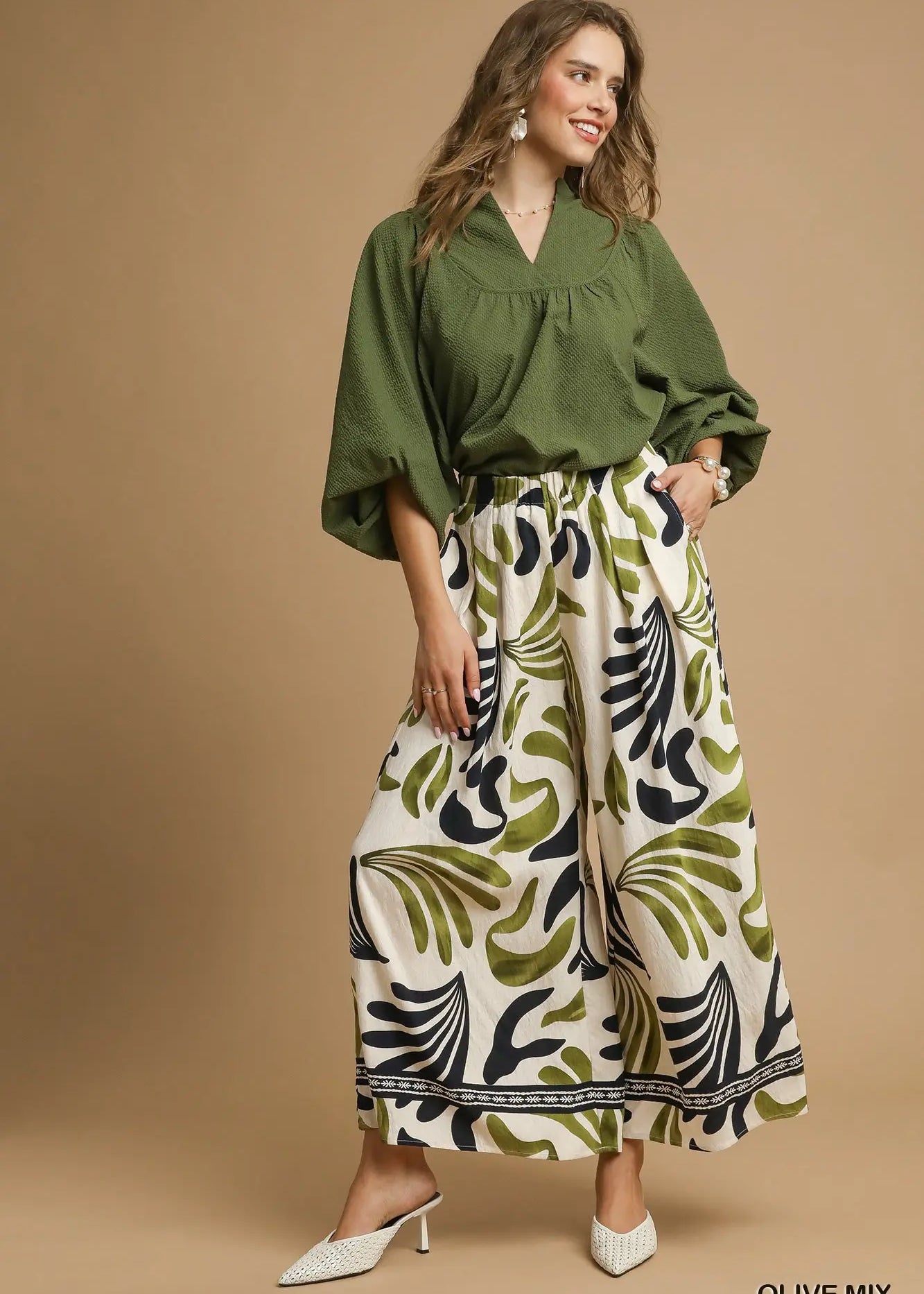 Olive Leafy Print Pants