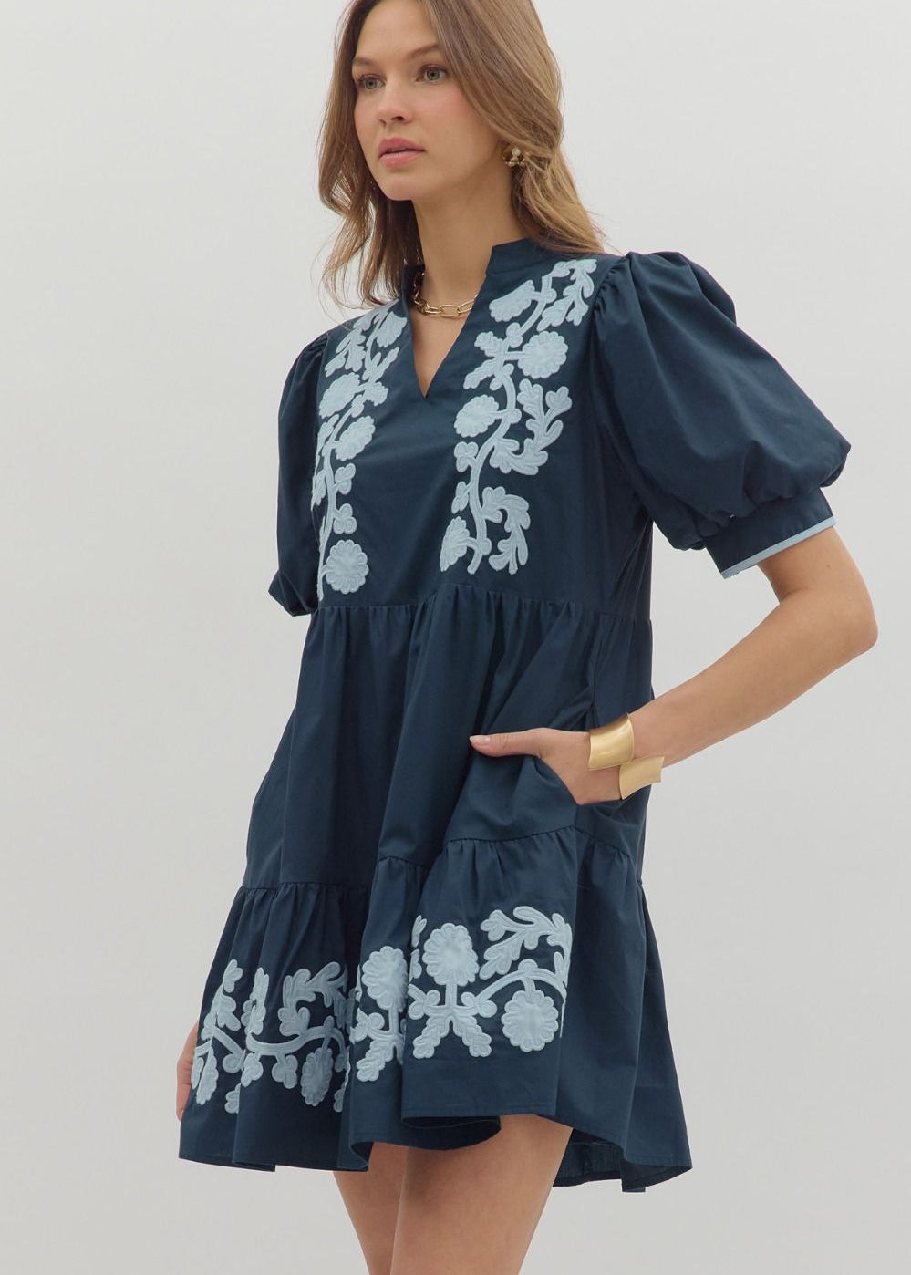 Navy Embroidered Puff Sleeve Dress