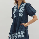 Navy Embroidered Puff Sleeve Dress