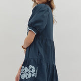 Navy Embroidered Puff Sleeve Dress
