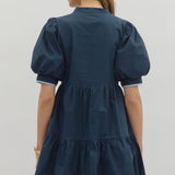 Navy Embroidered Puff Sleeve Dress