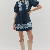 Navy Embroidered Puff Sleeve Dress