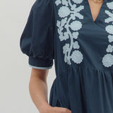Navy Embroidered Puff Sleeve Dress