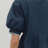 Navy Embroidered Puff Sleeve Dress