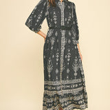 Boho Button-Down Maxi Dress with Belt - Black