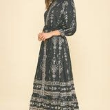 Boho Button-Down Maxi Dress with Belt - Black