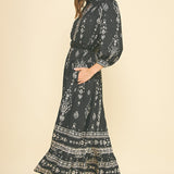 Boho Button-Down Maxi Dress with Belt - Black