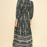 Boho Button-Down Maxi Dress with Belt - Black