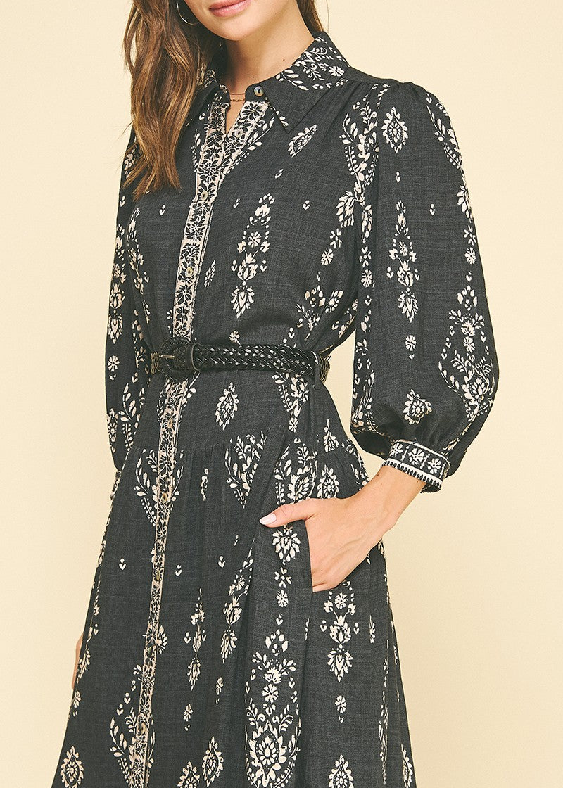 Boho Button-Down Maxi Dress with Belt - Black