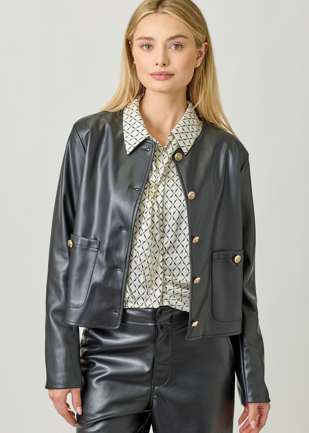 Faux leather black jacket with gold buttons and patch pockets