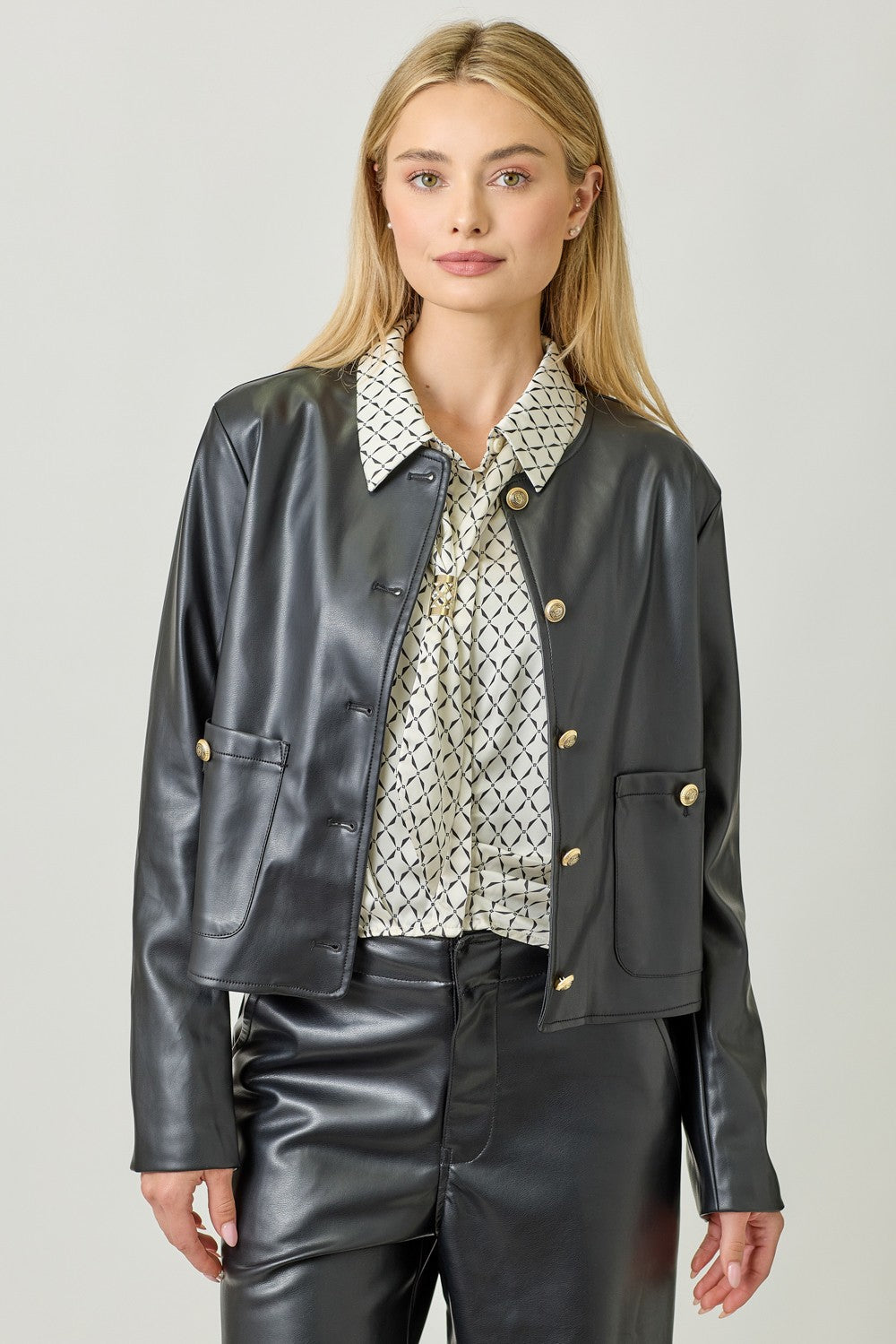 Faux leather black jacket with gold buttons and patch pockets