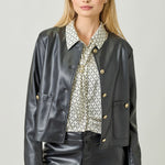 Faux leather black jacket with gold buttons and patch pockets