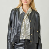 Faux leather black jacket with gold buttons and patch pockets