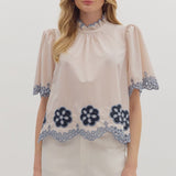 Scalloped Daisy Embroidered Blouse - Ecru