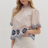Scalloped Daisy Embroidered Blouse - Ecru