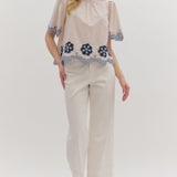 Scalloped Daisy Embroidered Blouse - Ecru