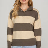 Striped Half-Zip Sweater - Mocha & Cream