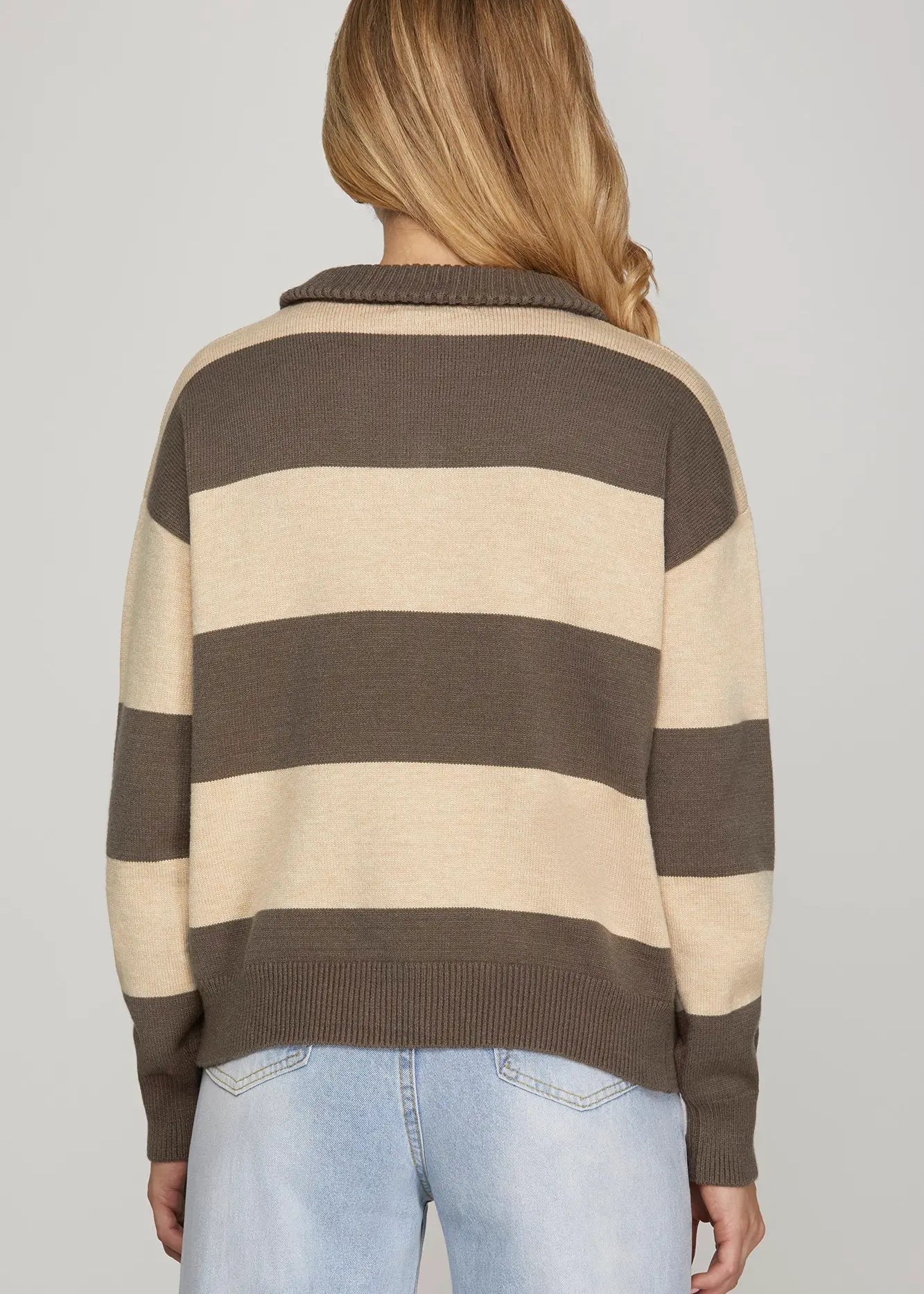 Striped Half-Zip Sweater - Mocha & Cream