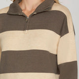 Striped Half-Zip Sweater - Mocha & Cream
