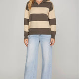 Striped Half-Zip Sweater - Mocha & Cream