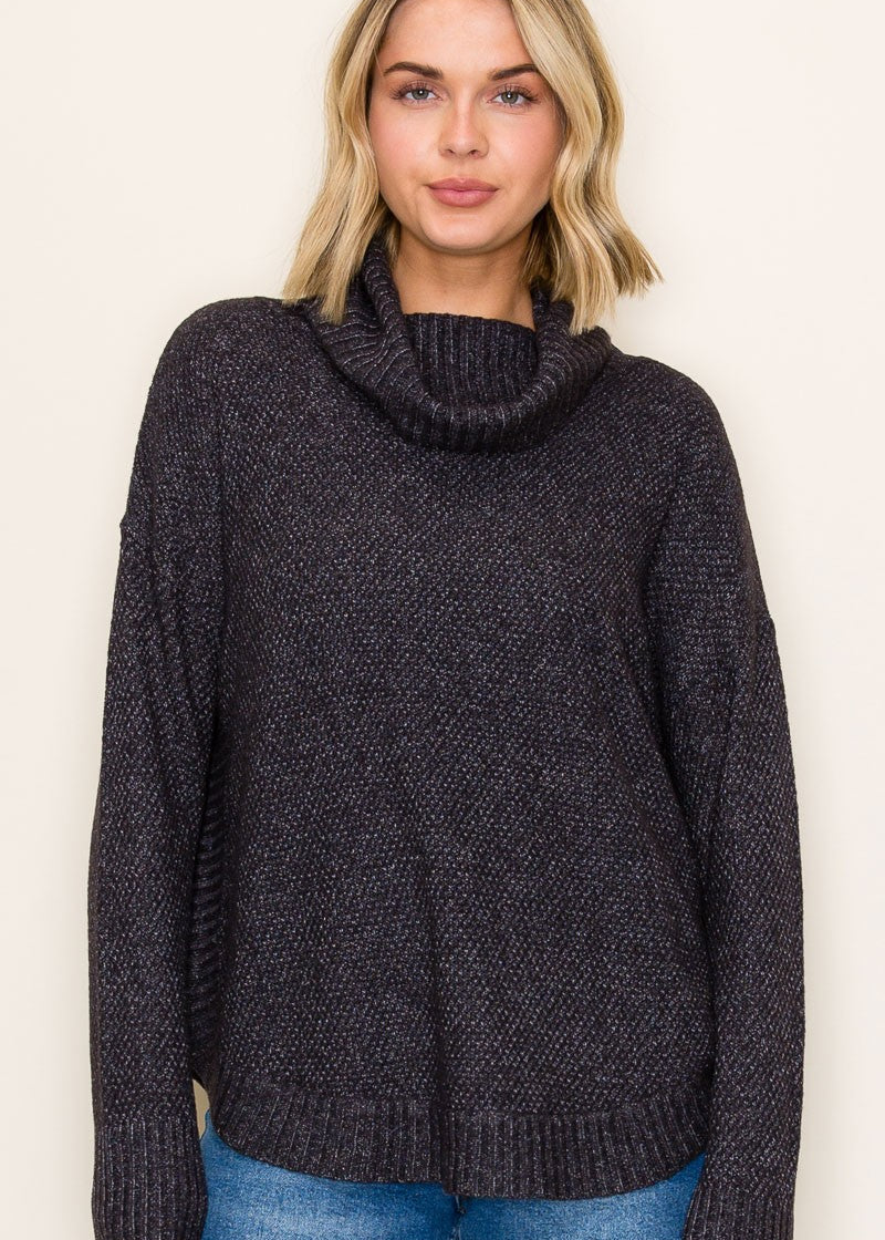 Cowl Neck Waffle Sweater - Gunmetal