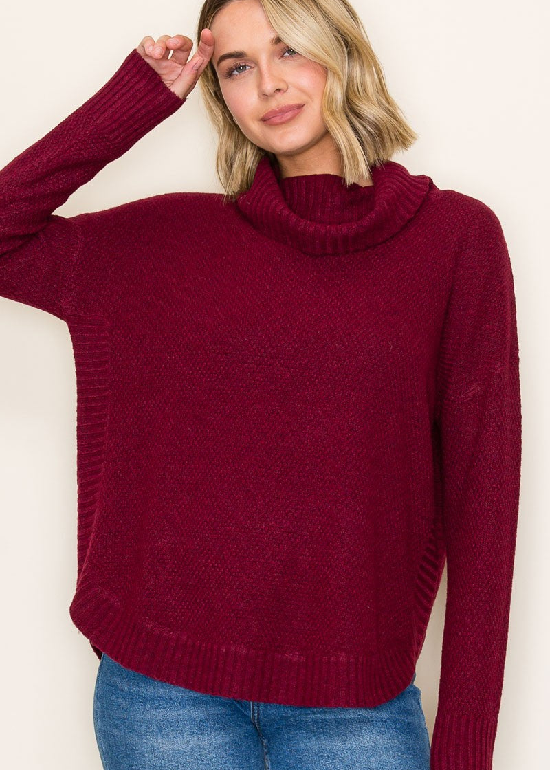 Cowl Neck Waffle Sweater - Burgundy