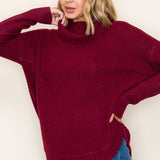 Cowl Neck Waffle Sweater - Burgundy