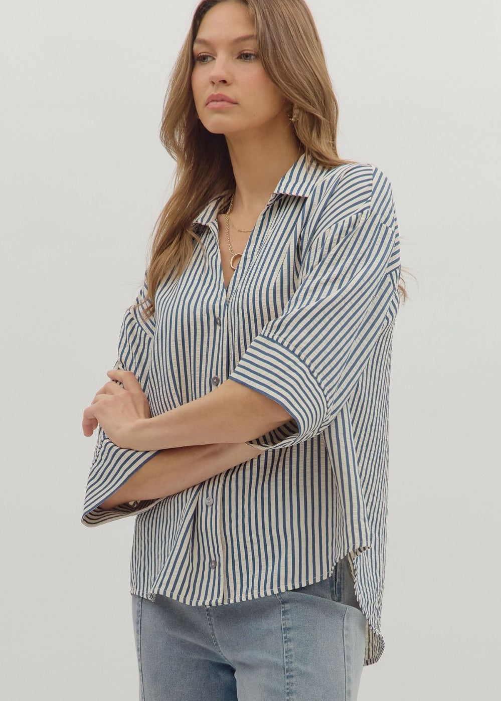 Striped Relaxed Button-Down Blouse