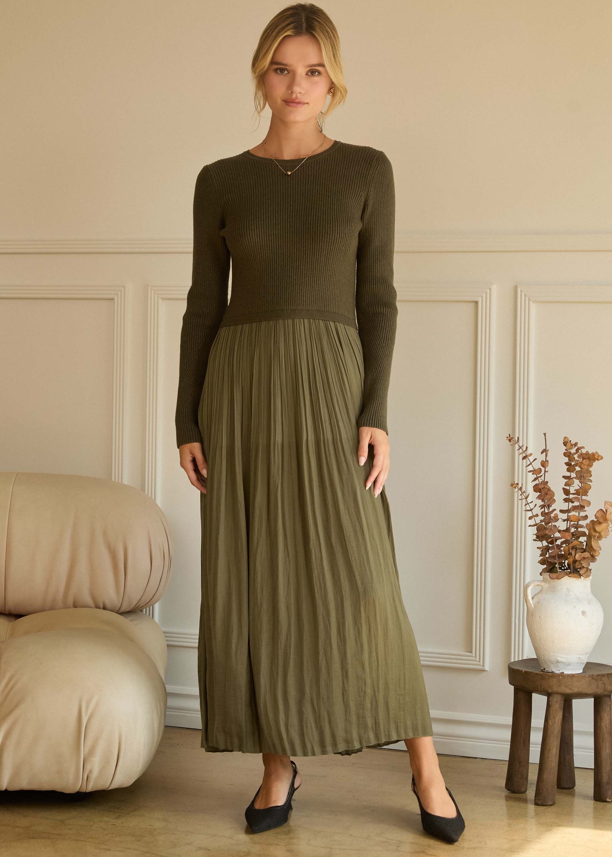 Olive Knit Top dress with Satin Skirt