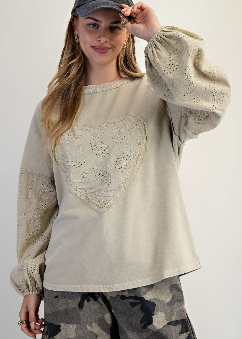 Eyelet Heart Knit Pullover - Sage