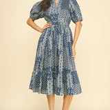 Navy Pretty-Print Cotton Midi Dress