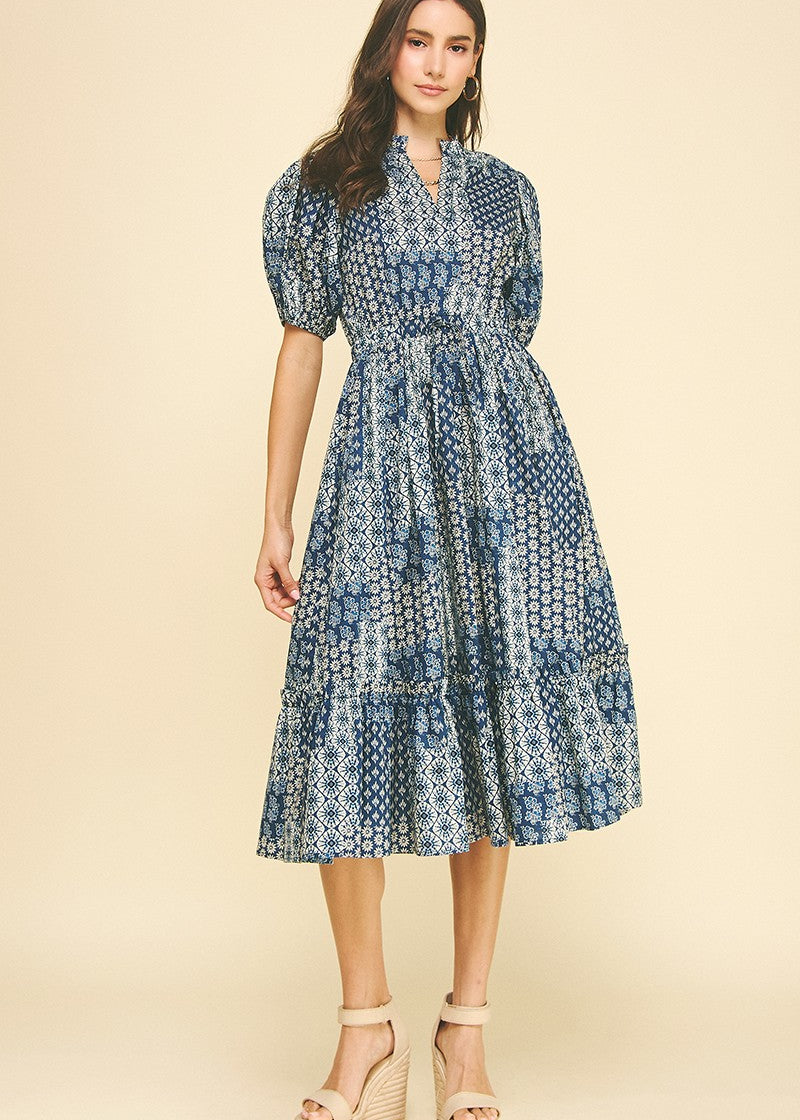 Navy Pretty-Print Cotton Midi Dress