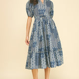 Navy Pretty-Print Cotton Midi Dress