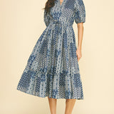 Navy Pretty-Print Cotton Midi Dress